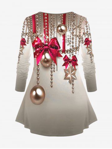 Plus Size Christmas Balls Bowknot Printed Long Sleeves Ombre Tee