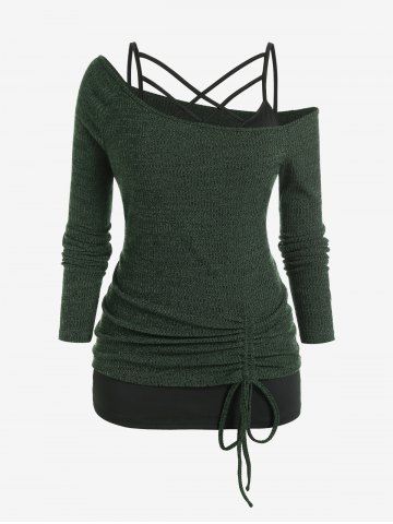 Plus Size Crisscross Strappy Camisole and Skew Collar Rib-knit Cinched Top Set - DEEP GREEN - M | US 10