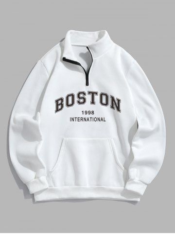 BOSTON Letter Pattern Quarter Zip Design Fleece-lined Sweatshirt - WHITE - XL