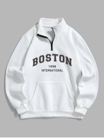 BOSTON Letter Pattern Quarter Zip Design Fleece-lined Sweatshirt - WHITE - XXL