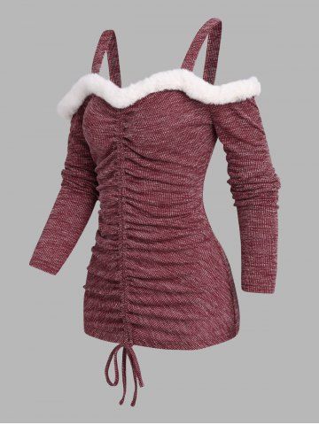 Faux Fur Cinched Cold Shoulder Long Sleeve Knitwear - DEEP RED - L