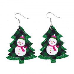 Boucles D'Oreilles en Simili Cuir Motif Bonhomme de Neige et Sapin de Noël - Vert profond 