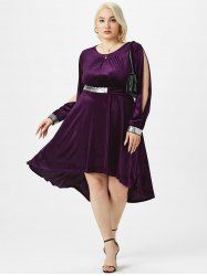 Plus Size&Curve Split Sleeve Sequins Velvet High Low Dress -  