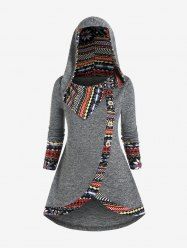 Plus Size Ethnic Printed Hooded Long Sleeves High Low Tee -  