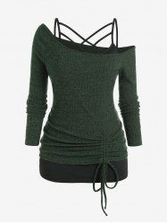 Plus Size Crisscross Strappy Camisole and Skew Collar Rib-knit Cinched Top Set -  