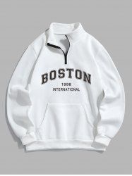 BOSTON Letter Pattern Quarter Zip Design Fleece-lined Sweatshirt -  