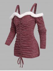 Faux Fur Cinched Cold Shoulder Long Sleeve Knitwear -  