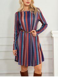 Vertical Striped Print Long Sleeve A Line Mini Dress -  