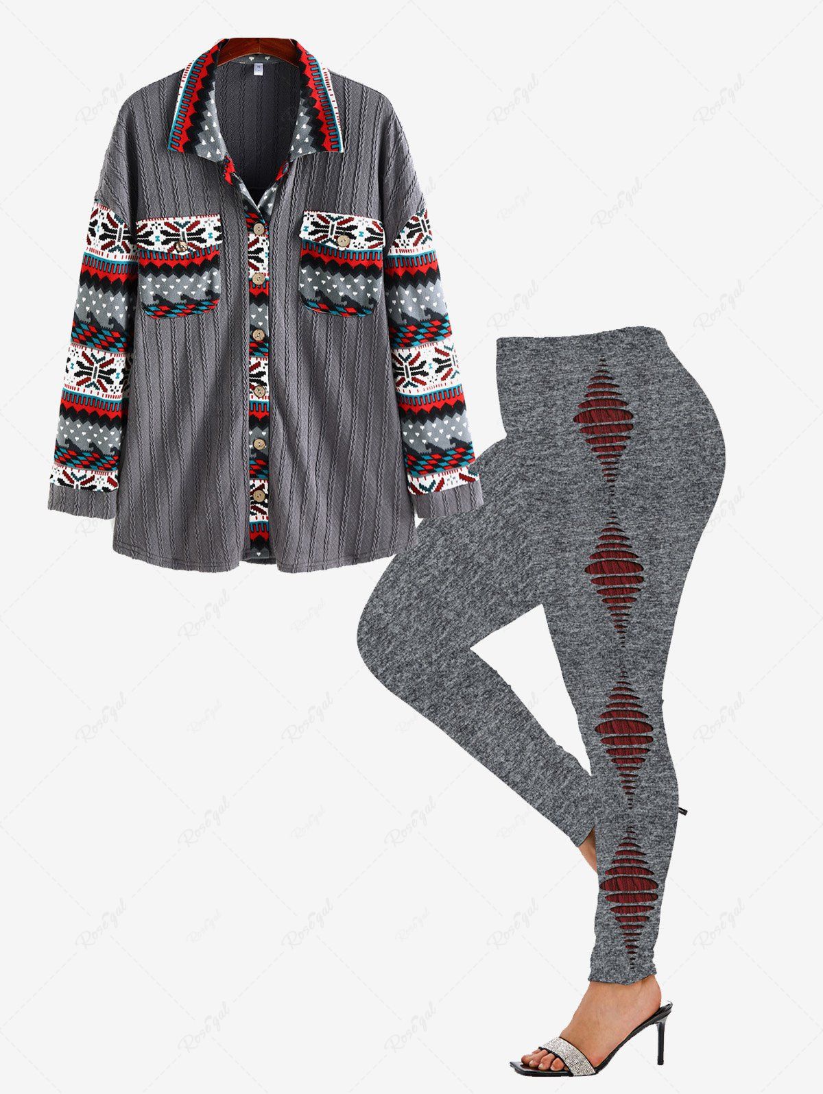 Trendy Christmas Turndown Collar Snowflake Cable Knit Cardigan and High Waist 3D Ripped Print Leggings Plus Size Outerwear Outfit  