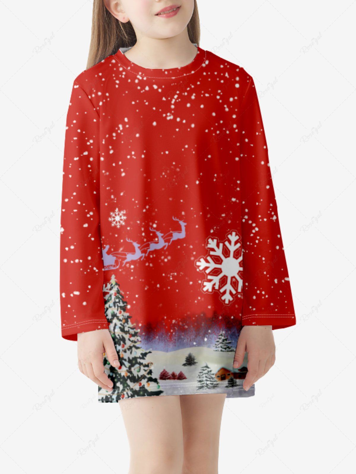 Affordable Kids Christmas Snowflake Elk Print Long Sleeve Tee Dress  