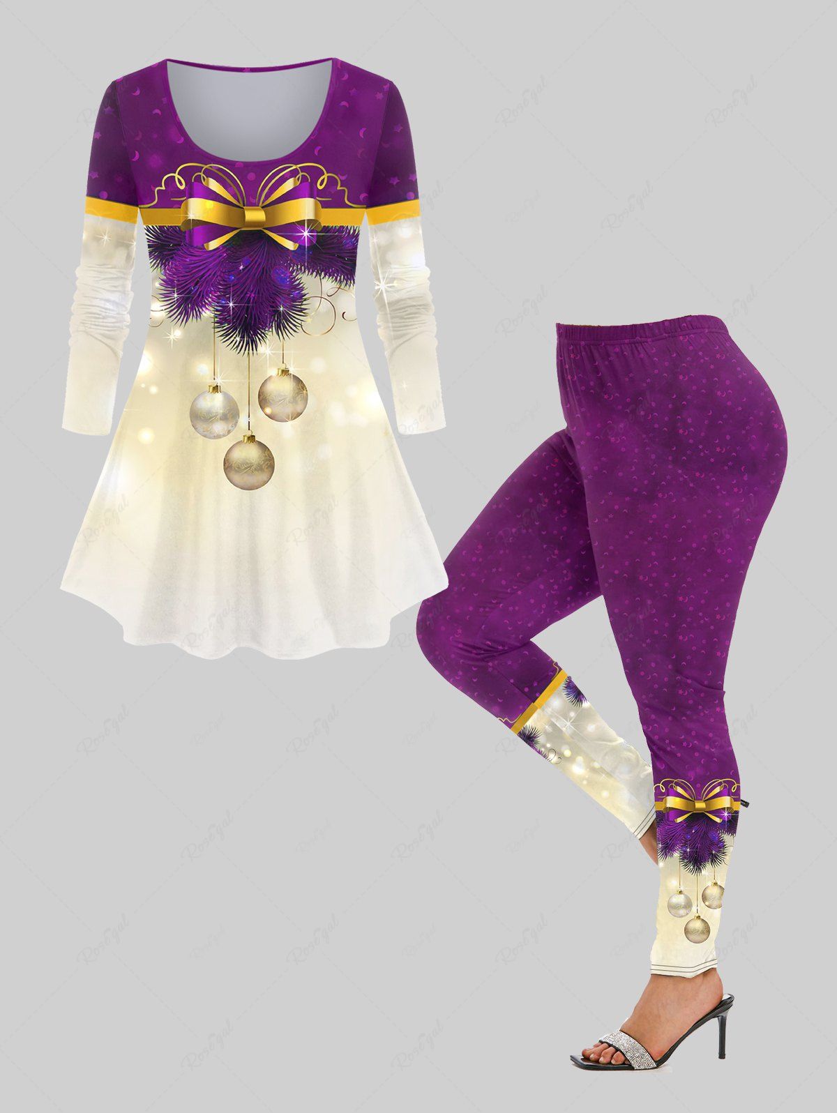 Fancy Plus Size Christmas Tree Bowknot Ball Print T-shirt and Leggings Outfits  