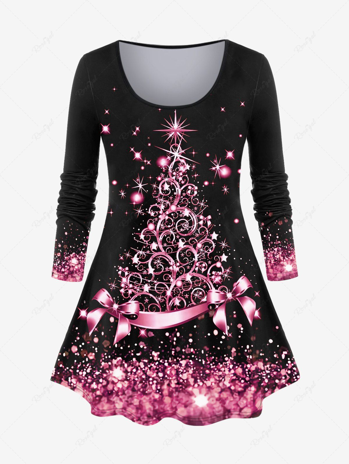 Sale Plus Size 3D Sparkles Glitters Bowknot Printed Long Sleeves Tee  