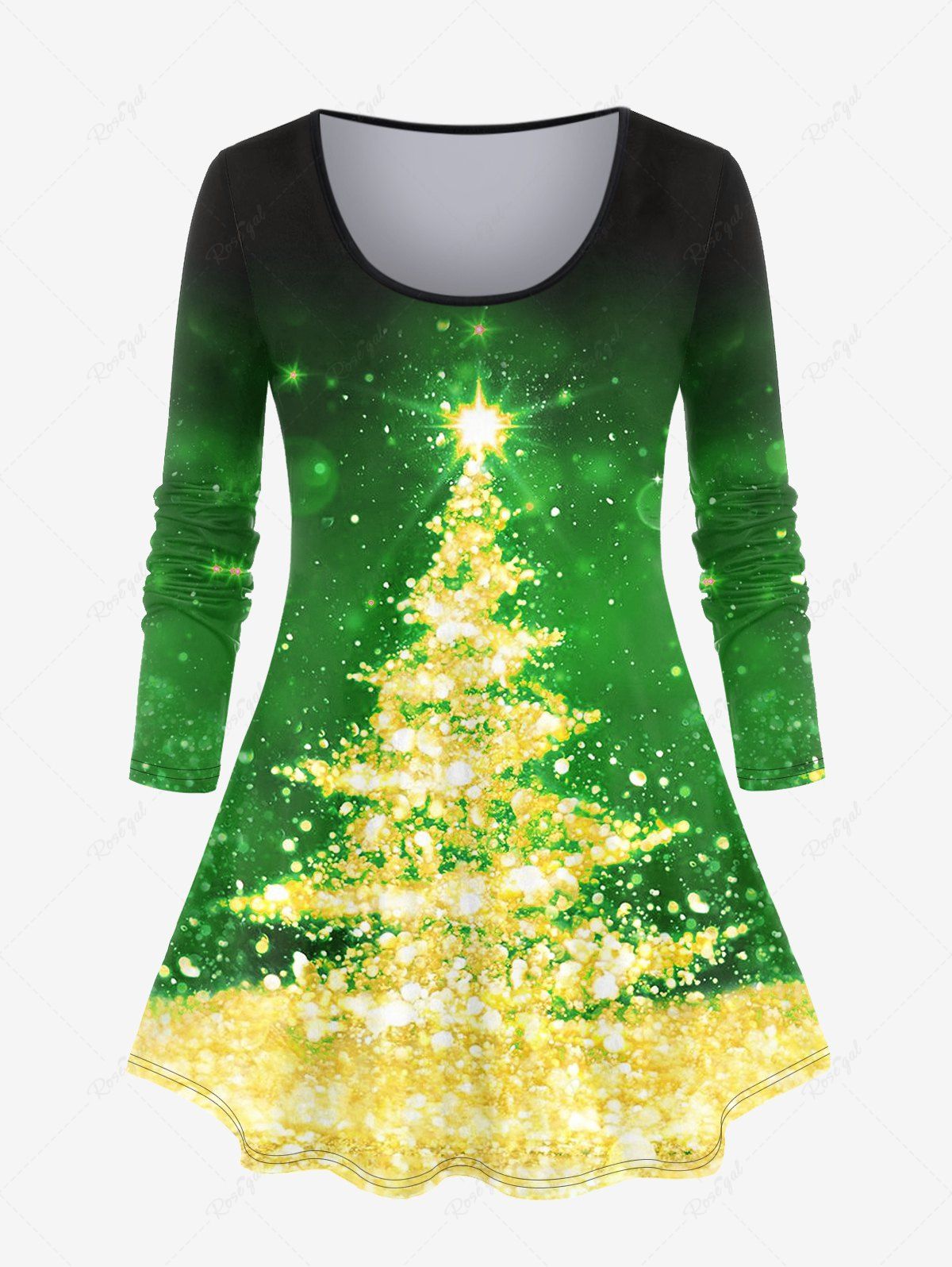 T-shirt Ombre à Imprimé Sapin de Noël 3D Brillant Grande Taille avec Manches Longues Vert 5x | US 30-32