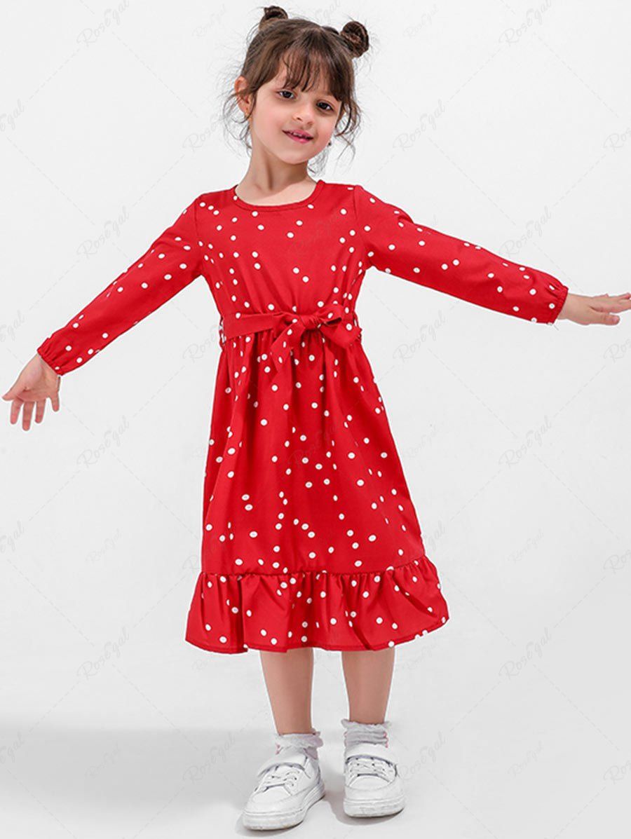 Sale Kid Girls Polka Dot Flounce Long Sleeves Belt Dress  