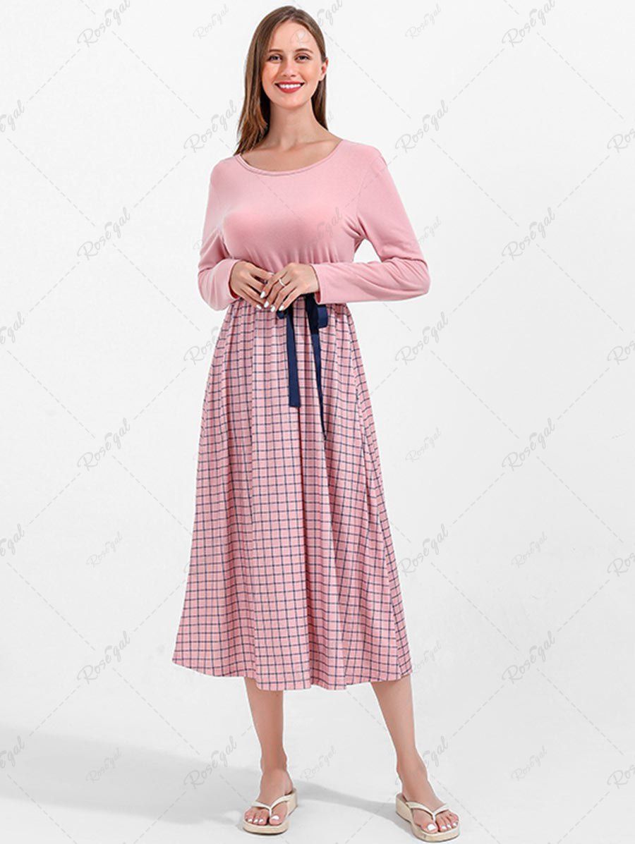 Unique Long Sleeves Plaid A Line Midi Dress with Bowknot  