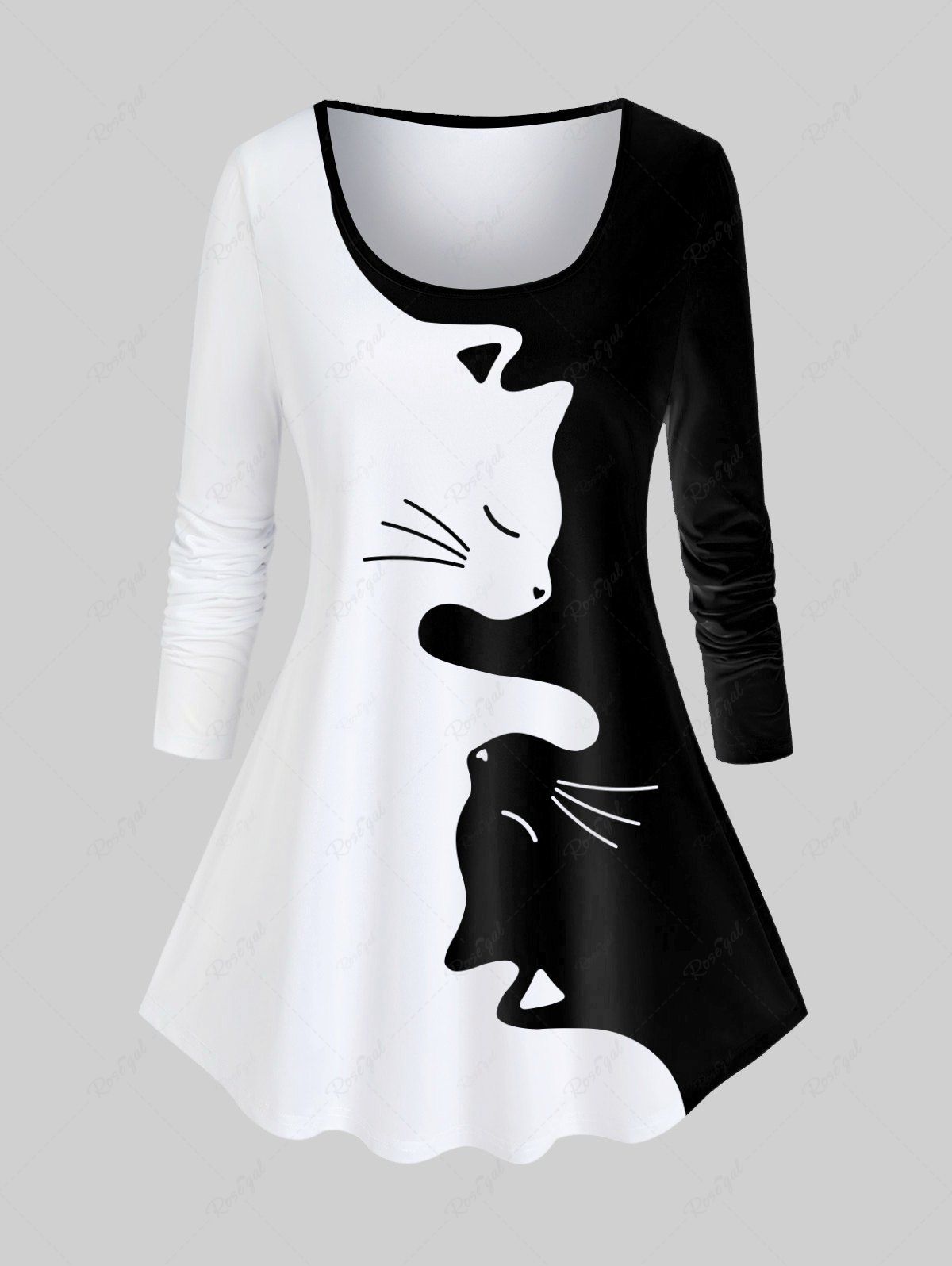 Hot Plus Size Cat Pattern Two Tone Long Sleeves Tee  