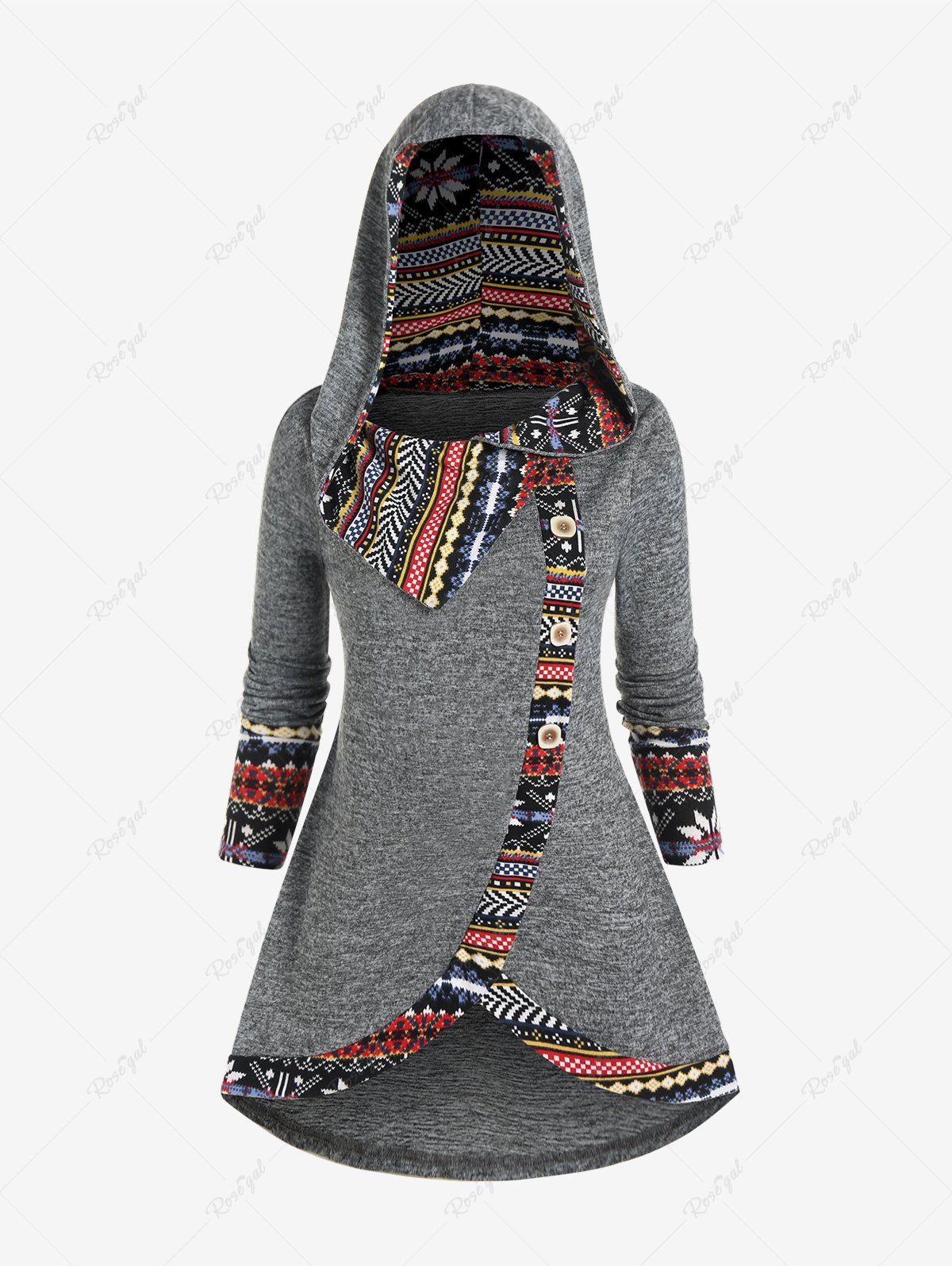 Hot Plus Size Ethnic Printed Hooded Long Sleeves High Low Tee  