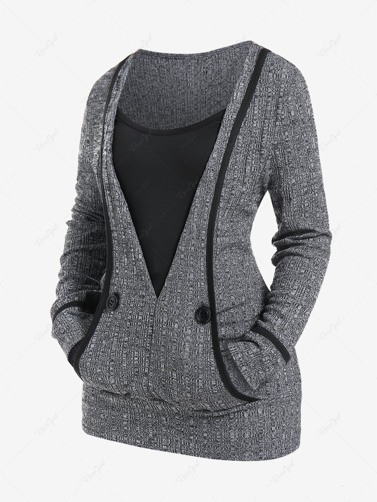 Unique Plus Size Colorblock Pockets Ribbed Twofer Blouson Knitted Top  