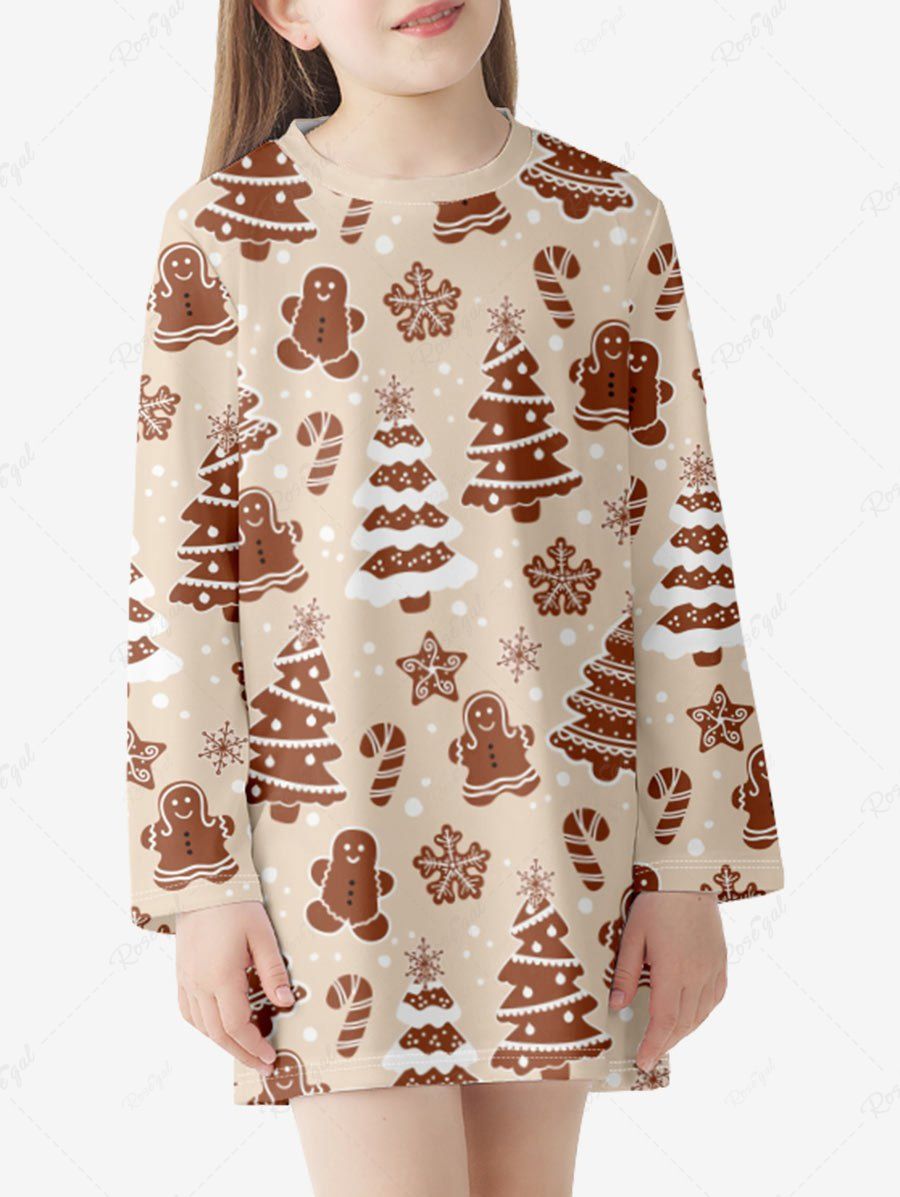 Unique Kids Christmas Tree Snowflake Print Long Sleeve Tee Dress  