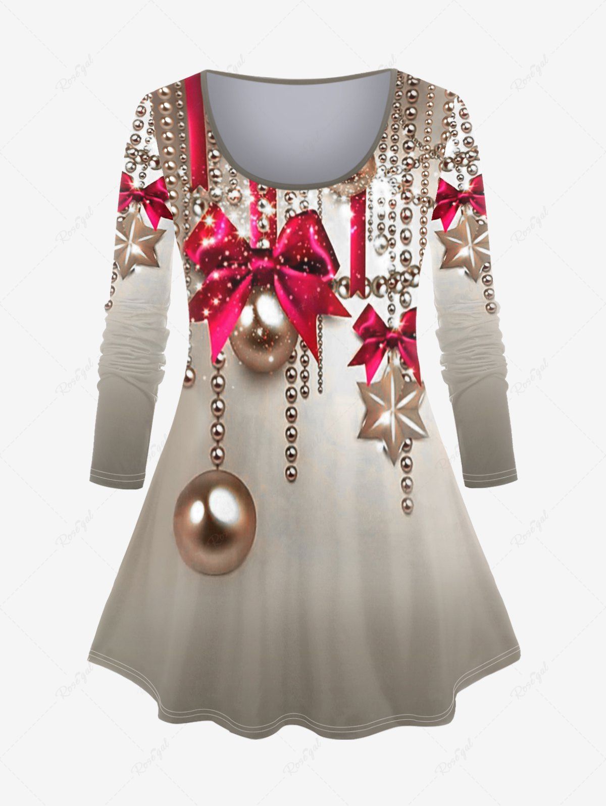 Shops Plus Size Christmas Balls Bowknot Printed Long Sleeves Ombre Tee  