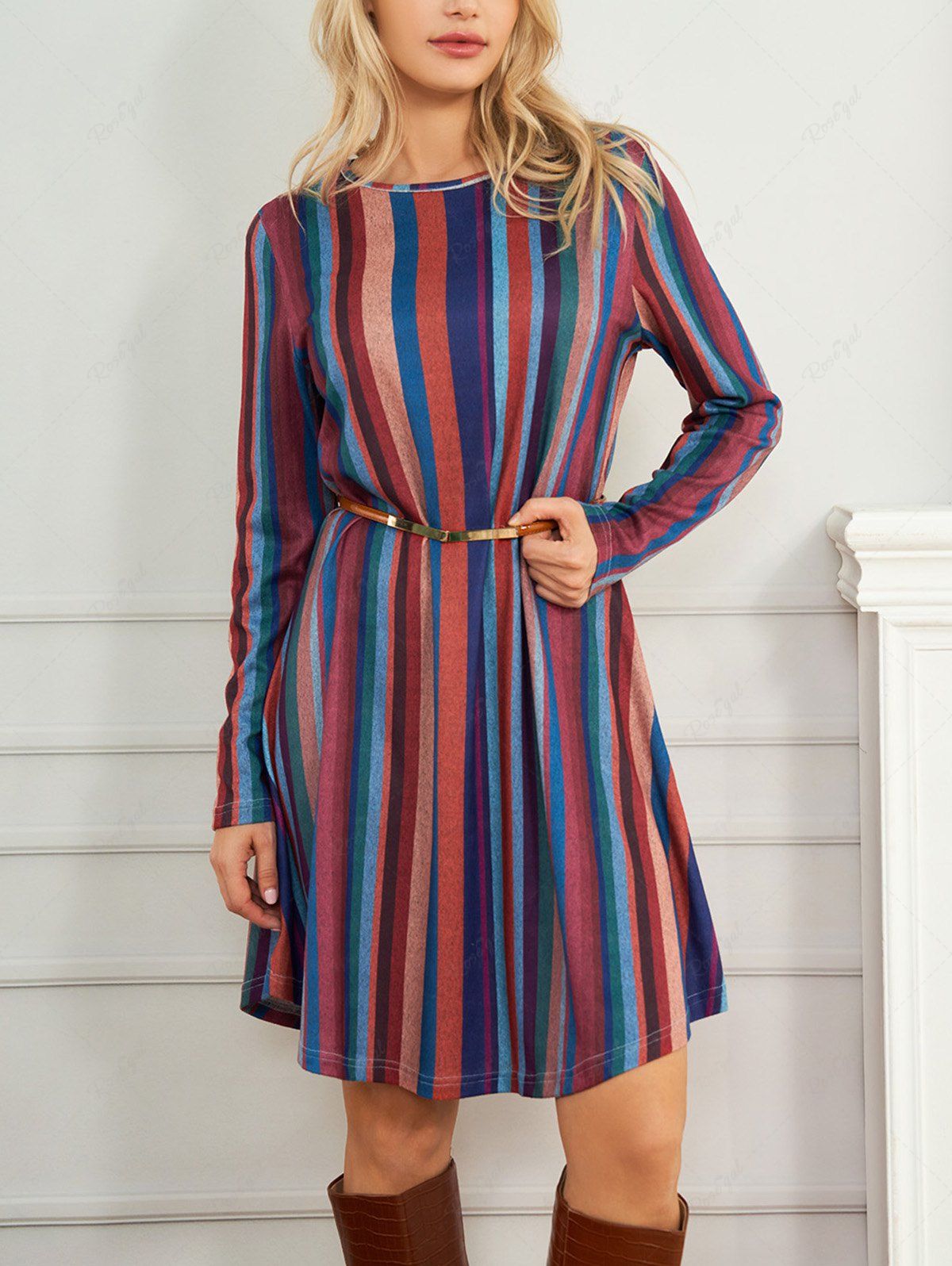 Sale Vertical Striped Print Long Sleeve A Line Mini Dress  