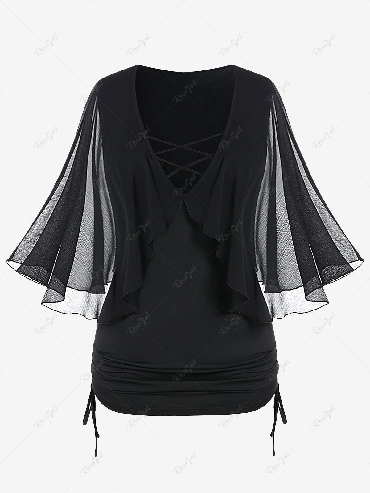 Affordable Plus Size Plunge Sheer Mesh Bell Sleeve Crisscross Tee  