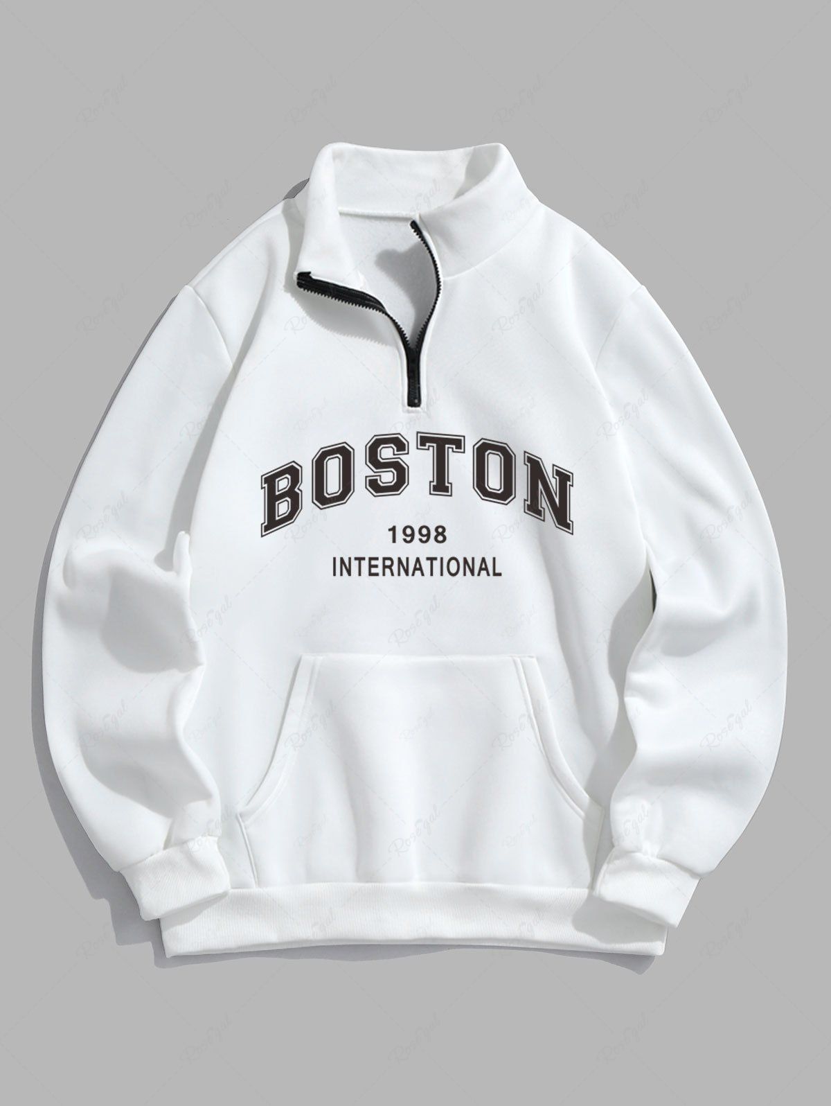 Chic BOSTON Letter Pattern Quarter Zip Design Fleece-lined Sweatshirt  
