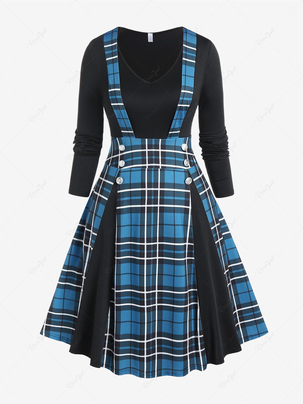 Store Plus Size V Neck Plaid Knee Length Flare Dress  