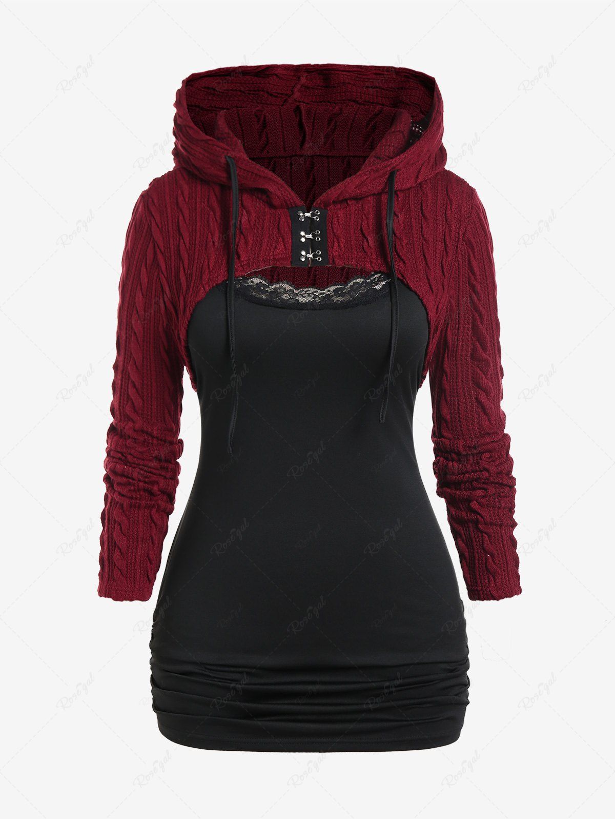 Unique Plus Size Lace Trim Ruched Camisole and Hooded Cable Knit Hook and Eye Shrug Top Set  