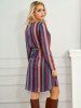 Vertical Striped Print Long Sleeve A Line Mini Dress -  
