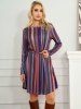Vertical Striped Print Long Sleeve A Line Mini Dress -  