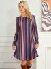 Vertical Striped Print Long Sleeve A Line Mini Dress -  