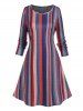 Vertical Striped Print Long Sleeve A Line Mini Dress -  