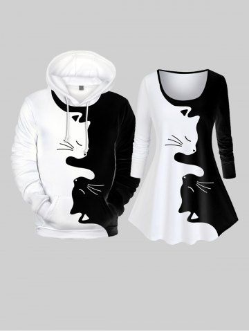 Couples Cat Pattern Two Tone Long Sleeves Women Tee and Men Pullover Hoodie Matching Outfits - WHITE