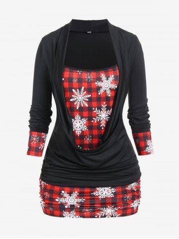Plus Size Christmas Snowflake Checked Draped Ruched Front Top - RED - M | US 10