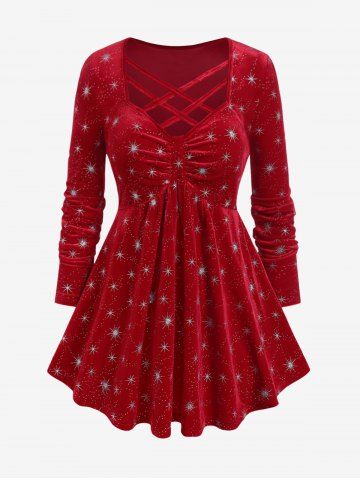 Plus Size Crisscross Strappy Velour Sequined Starry Top - RED - 4X | US 26-28