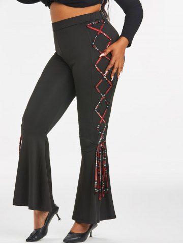 Plus Size Lace Up High Rise Bell Bottom Pants - BLACK - M | US 10