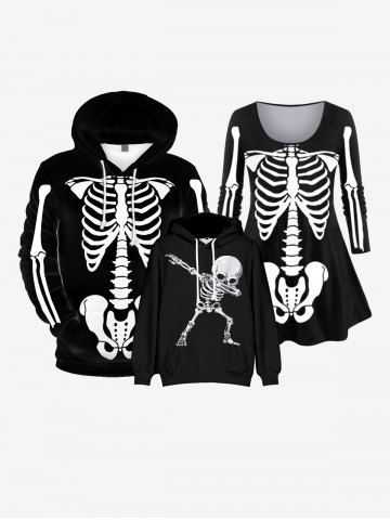 Kids Gothic Drawstring Skeleton Print Pullover Hoodie - BLACK - 130