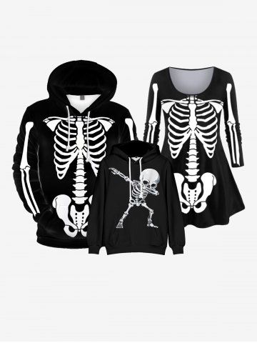 Kids Gothic Drawstring Skeleton Print Pullover Hoodie - BLACK - 150