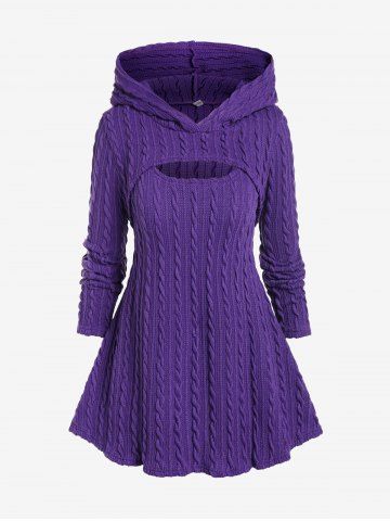 Plus Size Hooded Shrup Top and Sleeveless Cable Knit Sweater Twinset - PURPLE - 1X | US 14-16