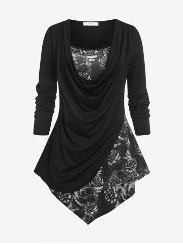 Plus Size Rose Print Cowl Front Asymmetric T-shirt - BLACK - 1X | US 14-16