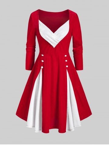 Plus Size Velvet Two Tone Godet A Line Dress - RED - M | US 10