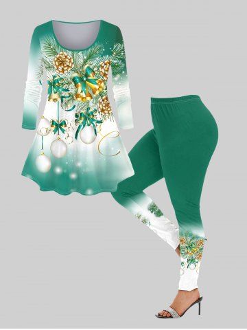 Christmas Tree Bell Ball Print Long Sleeve T-shirt and Leggings Plus Size Outfit
