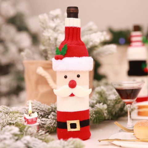 Christmas Knitted Santa Claus Design Wine Bottle Cover - RED