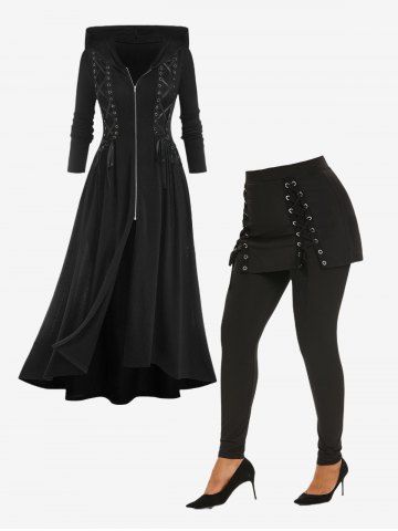Gothic Hooded Lace Up Zipper High Low Maxi Coat and Lace Up Skirted Pants Outfit