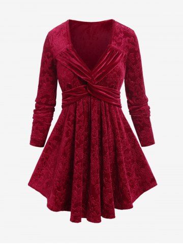 Plus Size Long Sleeves Embossing Twist Velvet Tee - DEEP RED - M | US 10