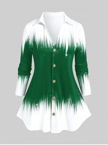 Plus Size Monochrome Colorblock Button Up Shirt - DEEP GREEN - L | US 12
