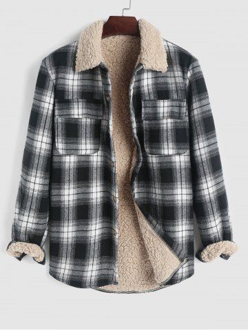 UNISEX Plaid Faux Sherpa Thermal Lined Fluffy Shacket - BLACK - XXL