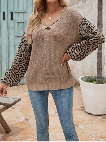 Textured Leopared Pattern Sleeve Crisscross V Neck Long Sleeve Sweater - MULTI - S