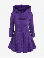 Plus Size Hooded Shrup Top and Sleeveless Cable Knit Sweater Twinset -  